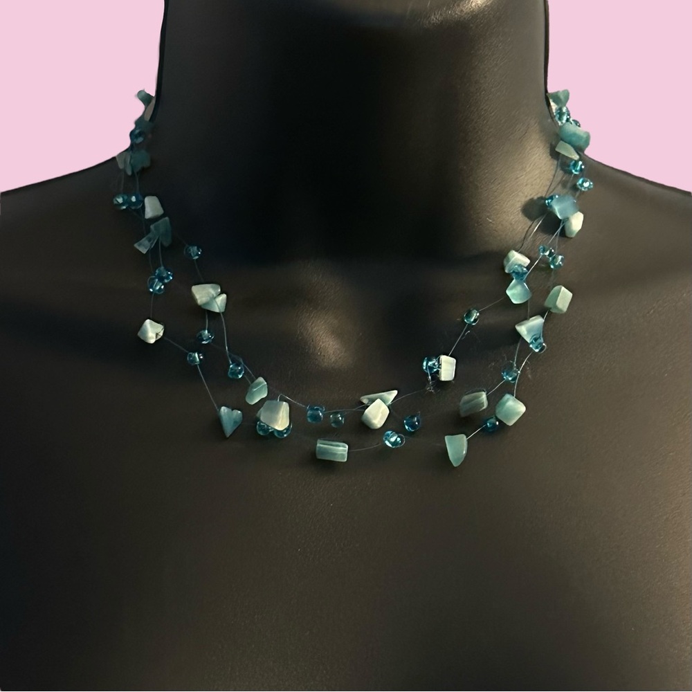 Vintage Multi Strand Aqua Blue Shell Chip Necklace - image 1
